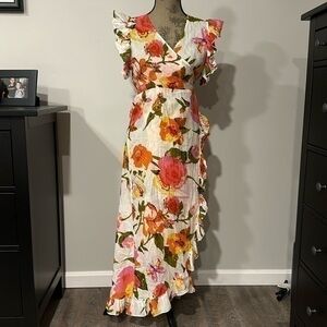 Debbie Katz South Beach white/orange/pink/yellow bright floral wrap dress medium